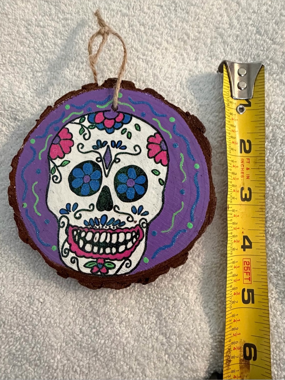 Hand-Painted Sugar Skull Wood Ornament - Purple